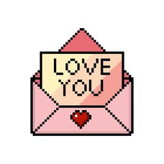 Pixel art of letter message "Love you" with red love. Pink color of envelope, pastel letter paper and white background. 