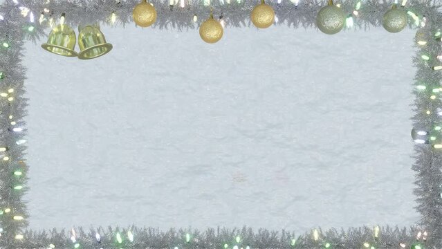 christmas card happy new year greeting card frame with christmas wreath pine leaves and branches and christmas LED lights on the realistic white snow background.