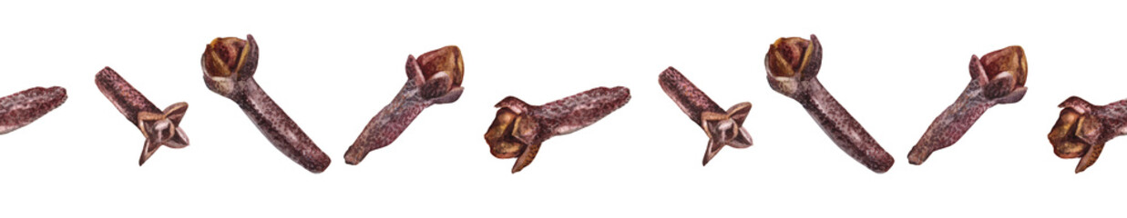 Seamless rim watercolor clove on white background. Hand-drawn condiment carnation for coffee or hot chocolate. Cookbook or sticker. Creative border with food and drink. Art for wallpaper, wrapping