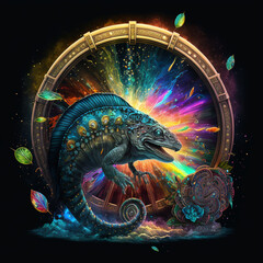 Naklejka premium Casino Spirit Animals leaping from the Wheel of Fortune and Roulette Wheel for luck and big wins