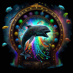 Fototapeta premium Casino Spirit Animals leaping from the Wheel of Fortune and Roulette Wheel for luck and big wins