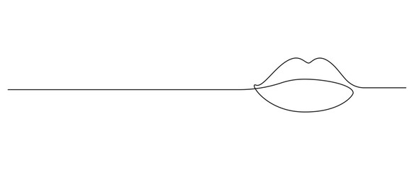 One continuous line drawing of mouth and lips. Concept symbol of makeup and lipstick in simple linear style. Mascot icon for posters, cards, banner, template, web. Doodle vector illustration