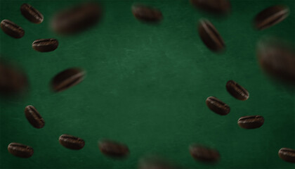 green background blur and focus black coffee beans background design banner empty