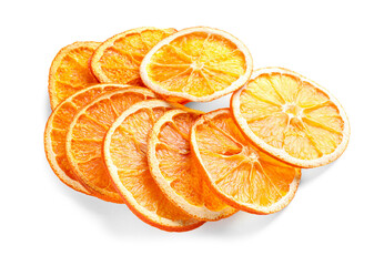 Delicious dry orange slices on white background