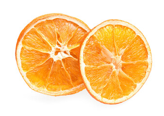 Delicious dry orange slices on white background, top view