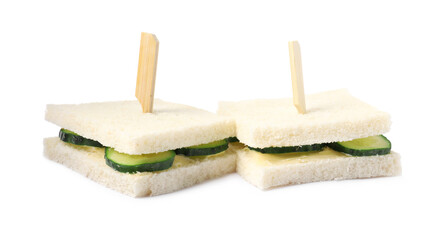 Tasty fresh cucumber sandwiches on white background