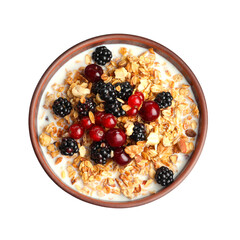 Bowl of healthy muesli with milk and berries isolated on white, top view