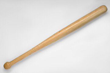 Wooden baseball bat on white background, top view. Sports equipment