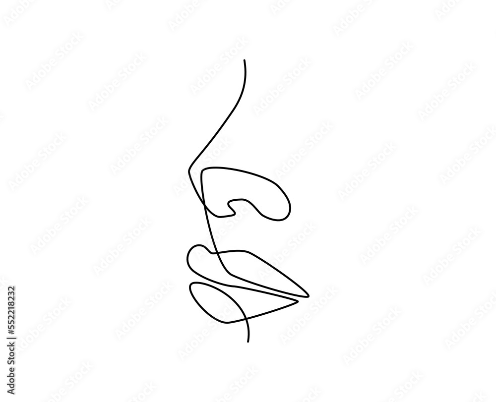 Poster one continuous line drawing of mouth and lips. modern face portrait of makeup and lipstick in simple