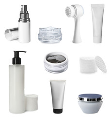 Set with different cosmetic products on white background