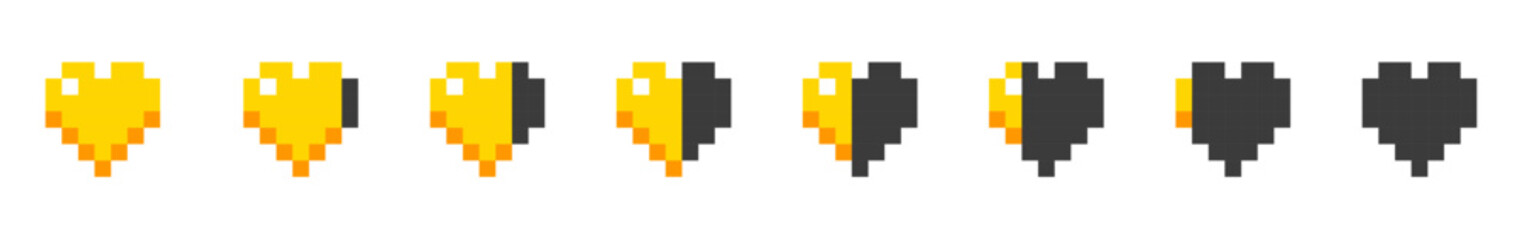 Pixel Hearts Set. Minecraft Vector Hearts Set. Yellow Golden Colors.