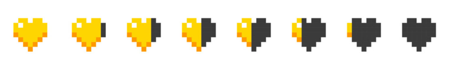 Fototapeta premium Pixel Hearts Set. Minecraft Vector Hearts Set. Yellow Golden Colors.