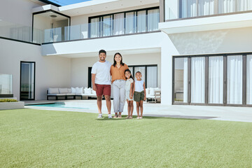 Happy family, outdoor portrait and real estate, new home and dream luxury house, building mortgage...
