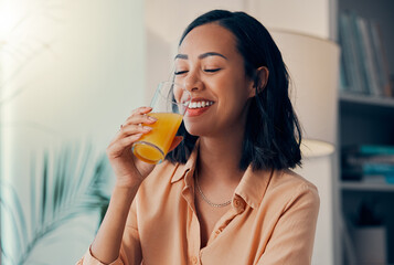 Orange juice, drink and happy black woman relax while drinking health liquid or organic fruit...