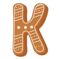 Christmas gingerbread cookie in shape of letter K on white background 
