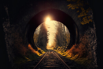 railroad tunnel with a gloomy inside and a view of the sun. Through the tunnel aperture, one can see train tracks extending out into the horizon. trees and woodlands. Generative AI - obrazy, fototapety, plakaty