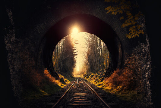 Railroad Tunnel With A Gloomy Inside And A View Of The Sun. Through The Tunnel Aperture, One Can See Train Tracks Extending Out Into The Horizon. Trees And Woodlands. Generative AI