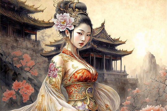 Tang Dynasty Princess in the Royal Garden, fantasy painting, wallpaper