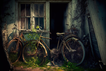 Fototapeta na wymiar Old, broken bikes that have been placed outside the home. Generative AI