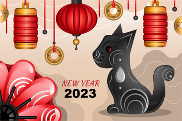 Beautiful greeting card for Chinese New Year 2023 with cat on light background