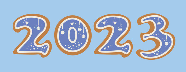 Gingerbread cookies in shape of figure 2023 on blue background