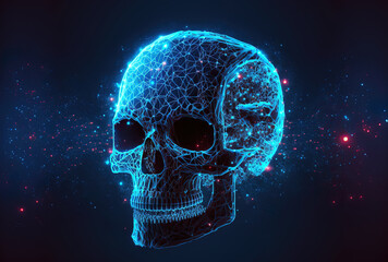 On a blue background, an abstract digital skull shape with luminous lines and bokeh circles. Generative AI