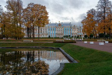 View of the Catherine Palace with a reflection in the Mirror Pond of the Catherine Park in...