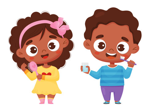 Cute ethnic girl combing her hair and dark-skinned boy brushes her teeth. Personal hygiene, personal care and beauty. Vector illustration children in cartoon style for design, decor, kids collection.