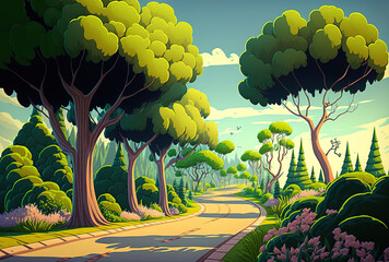 Fototapeta premium Beautiful plants and trees surround the road in the foreground. Generative AI