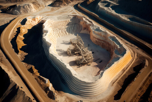 Aerial image of an open pit mining operation extracting limestone for use in the building sector. Generative AI