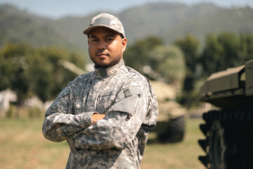 Asian man special forces soldier standing against on the field Mission. Commander Army soldier...