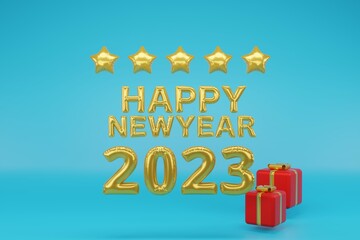 Happy new year 2023 and Merry Christmas on blue background. Red gift box Greeting card,  3d render illustration.