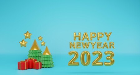 Happy new year 2023 and Merry Christmas on blue background. Red gift box and Christmas tree Greeting card,  3d render illustration.