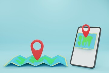 Smartphone with mobile navigation app on screen. Route map with symbols showing location. Global Positioning System concept design element in flat style. 3d render illustration.