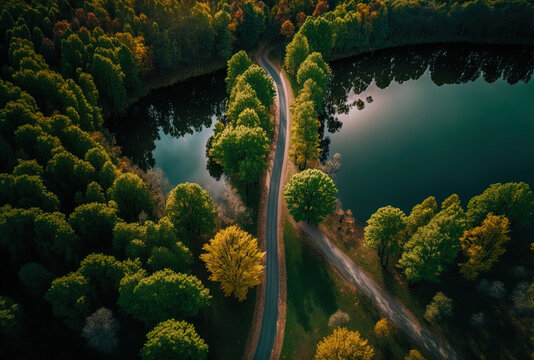 Drone Aerial Footage Shows A Road With A Lake And Lush Trees Next To It In Moldovan Nature. Generative AI