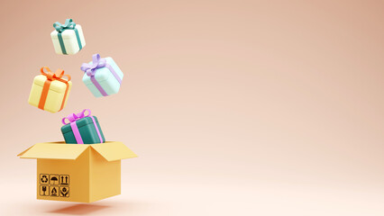 3D rendering of Set of gift boxes and Carton delivery packaging box on pastel background