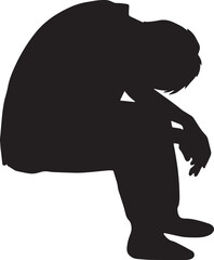 座ってうなだれる若い男性シルエット_白背景jpegと透過png_ワイド