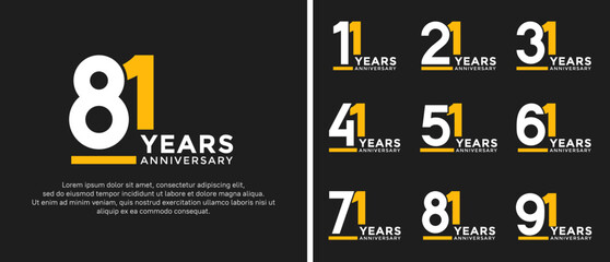 set of anniversary logo style flat white and yellow color for celebration