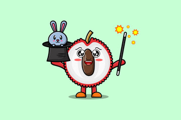 Fototapeta premium Cute cartoon Lychee magician character playing magic cards in flat cartoon style illustration