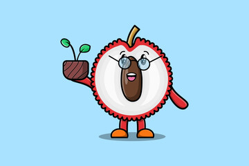 Cute cartoon illustration Lychee holding plant in a pot flat modern style design 