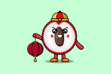 Cute cartoon Lychee chinese character holding lantern in vector icon illustration