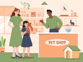 Pet shop concept. Mother and daughter came with cat to buy him food, toys and medicine. Owners with pet, love and care for animals. Buyers and seller indoor. Cartoon flat vector illustration