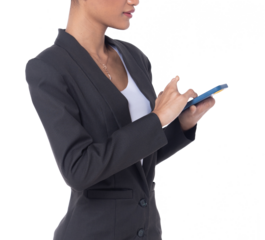 Half body disable person without fingers thumb hand of young adult woman using internet phone to type chat, white background isolated. Asian female smile in casual attire professional business