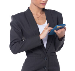 Half body disable person without fingers thumb hand of young adult woman using internet phone to...