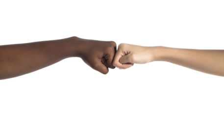 Multiethnic young women give fist bump to each other, they show business friend team, have positive expressions agreement. Handshake business unity concept. white background isolated