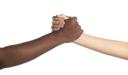 Multiethnic young women hold hands together to each other, they show business friend team, have positive expressions agreement. Handshake business unity concept. white background isolated