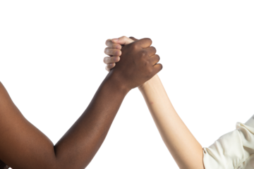 Multiethnic young women hold hands together leverage, they show business friend team harmony, have positive expressions agreement. Handshake business unity concept. white background isolated