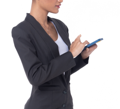 Half body disable person without fingers thumb hand of young adult woman using internet phone to type chat, white background isolated. Asian female smile in casual attire professional business