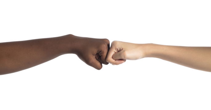 Multiethnic young women give fist bump to each other, they show business friend team, have positive expressions agreement. Handshake business unity concept. white background isolated - Powered by Adobe