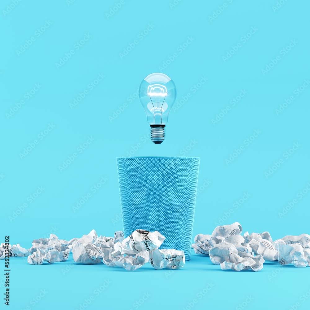Poster lighting bulb floating on bin trash with paper trash placed on a blue background. 3d render. minimal